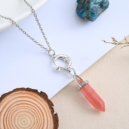 Dyed Natural Rose Quartz Hexagonal Prism Pointed Faceted Bullet and Alloy Moon with Star Pendant Necklaces for Women VW3662-6-1