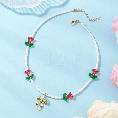 Alloy Bowknot Pendant Tulip Flower Glass Seed Beaded Necklaces for Women NJEW-MZ00148-01-1