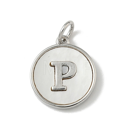 Brass Pave Natural Shell Flat Round with Letter Charms KK-Z115-13P-P-1