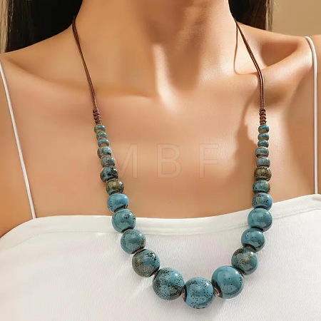 Ethnic Style Porcelain Round Graduated Beaded Waxed Cord Necklaces for Women FS-WG62C5E-06-1