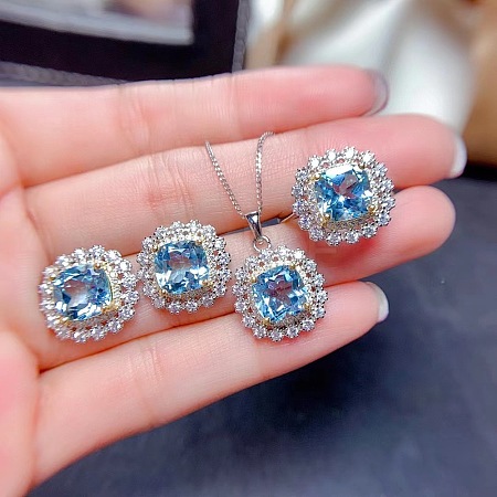 Square Alloy Rhinestone Pendant Necklace & Stud Earring & Finger Ring Sets WG30FCB-01-1