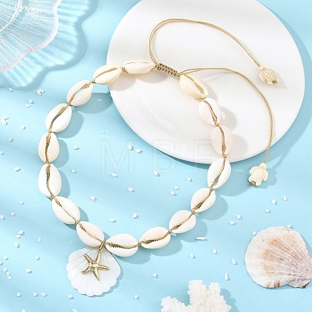 Summer 304 Stainless Steel Starfish and Natural Freshwater Shell Carved Pendant Necklaces NJEW-JN06566-01-1