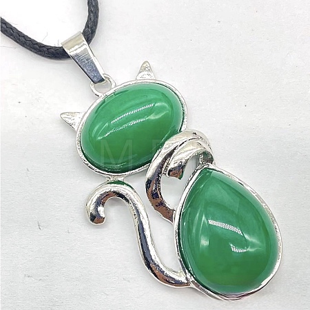 Natural Green Onyx Agate(Dyed & Heated) Alloy Cat Shape Pendant Necklaces KJ2639-16-1