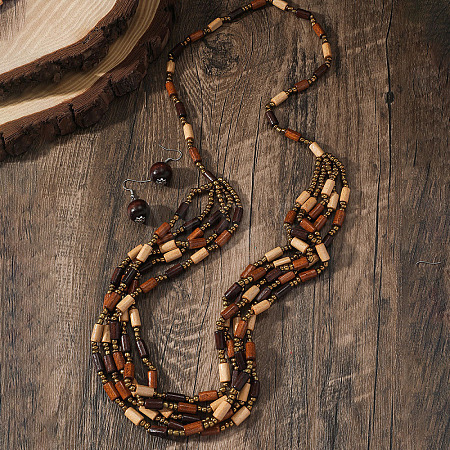 Bohemian Ethnic Style Wood Beaded Multilayer Necklaces & Dangle Earrings Sets WG82ABA-08-1