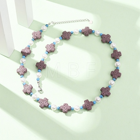 Dyed Natural Lava Rock & Round Synthetic Turquoise & Imitation Pearl Beaded Necklaces GG-CBA922D-07A-1