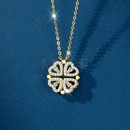 Clover 304 Stainless Steel Rhinestone Pendant Necklaces for Women LS-NJEW-M107-03G-1