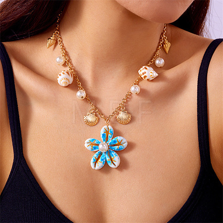 Summer Beach Alloy & Faux Pearl & Natural Cowrie Cluster Flower Pendant Necklaces for Women WG22E51-02-1