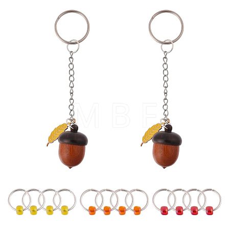 2Pcs Wooden Acorn Box with Alloy Enamel Leaf Pendant Counter Chains KEYC-CO00001-1