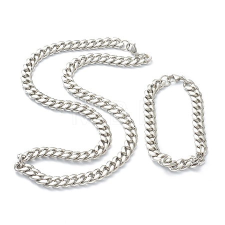 304 Stainless Steel Cuban Link Chain Bracelets & Necklaces Jewelry Sets SJEW-B019-03C-P-1
