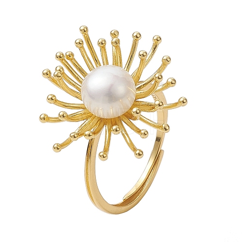 Round Natural Pearl Adjustable Rings RJEW-P113-07G-1