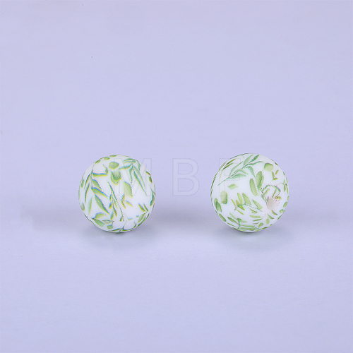 Printed Round with Leaf Pattern Silicone Focal Beads SI-JX0056A-204-1