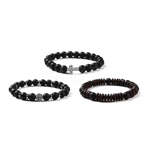 3Pcs Natural Black Agate(Dyed) and Coconut Beads Stretch Bracelets Set BJEW-JB08935-1