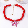 Ocean Polymer Clay Starfish Pendant Red Resin Beaded Necklaces with Alloy End Chains FS-WGFD479-02-1