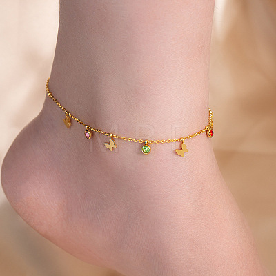 304 Stainless Steel Pave Colorful Cubic Zirconia Charm Anklets for Women FS-WG43DDA-09-1