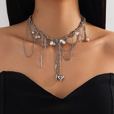 201 Stainless Steel Cone Heart & Imitation Pearl Tassel Iron Chain Bib Necklaces for Women WGAF7CC-01-1