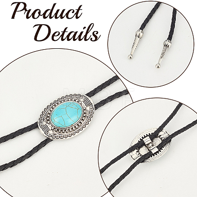1Pc Alloy & Synthetic Turquoise Oval Pendant Black PU Leather Cord Boho Tie Lariat Necklaces NJEW-GF0001-23-1