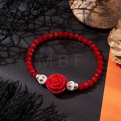 Flower Resin & Faceted Glass Beaded Stretch Bracelets BJEW-JB10793-01-1