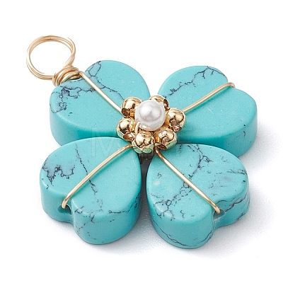 Synthetic Turquoise Clover Pendants PALLOY-JF03180-03-1