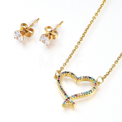 Brass Cubic Zirconia Pendant Necklaces & Stud Earrings Jeweley Sets SJEW-L154-12-1