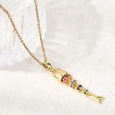 201 Stainless Steel Pave Colorful Cubic Zirconia Fish Bone Pendant Necklaces for Women NJEW-C111-02B-G-1