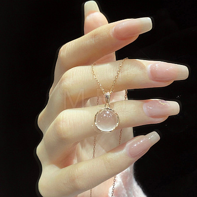 Flat Round Brass Pave Natural Rose Quartz Pendant Necklaces for Women WG46560-01-1