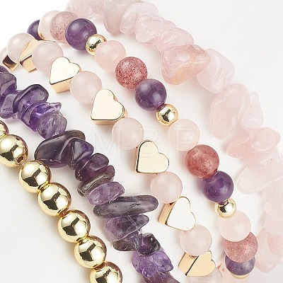 5Pcs 5 Style Natural Mixed Gemstone Chips & Natural Pearl & Brass Heart Beaded Stretch Bracelets Set BJEW-JB08988-1