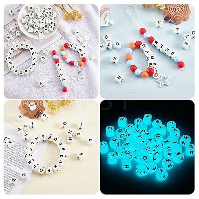 20Pcs Luminous Cube Letter Silicone Beads 12x12x12mm Square Dice Alphabet Beads with 2mm Hole Spacer Loose Letter Beads for Bracelet Necklace Jewelry Making JX437S-1