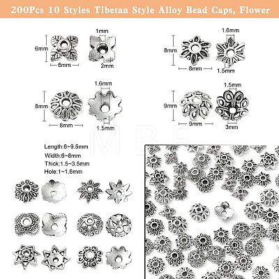 200Pcs 10 Styles Tibetan Style Alloy Bead Caps TIBE-CJ0001-22-1