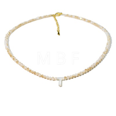 Natural White Shell Letter Faceted Glass Beaded Necklaces with 304 Stainless Steel End Chains SS7282-19-1