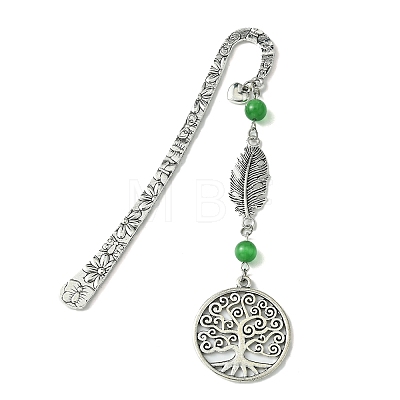 Tree of Life Feather Tibetan Style Alloy Pendant Bookmark with Cat Eye AJEW-JK00277-05-1