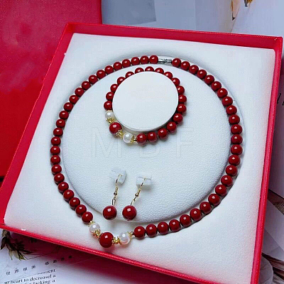 Cinnabar Round Beaded Necklaces & Bracelets & Dangle Earring Sets WGFCFD5-04-1