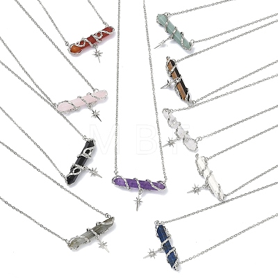 Natural & Synthetic Mixed Stone Faceted Pointed Bullet Wire Wrapped with Star Pendant Brass Cable Chain Necklaces NJEW-P351-01P-1