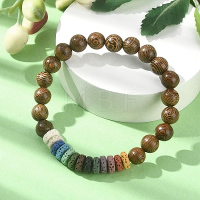 Dyed Natural Lava Rock Rondelle & Wooden Round Beaded Stretch Bracelet BJEW-JB09679-1