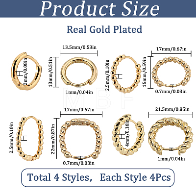 SUNNYCLUE 8 Pairs 4 Styles Brass Beaded Huggie Hoop Earrings for Women KK-SC0004-60-1