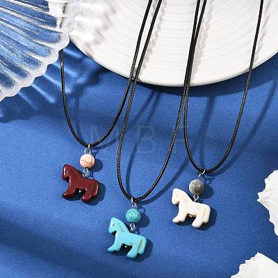 3Pcs 3 Styles Dyed Synthetic Turquoise Horse Pendant Black Waxed Cord Necklaces NJEW-JN05430-1