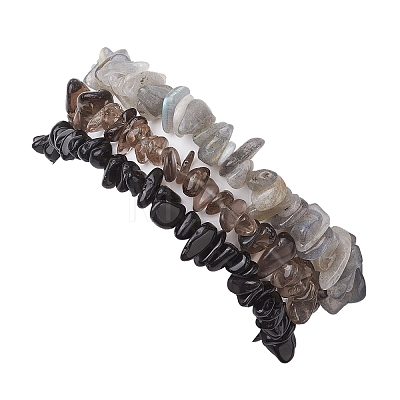 3Pcs Natural Smoky Quartz & Natural Obsidian & Natural Labradorite Chip Beaded Stretch Bracelet Sets BJEW-JB10860-1