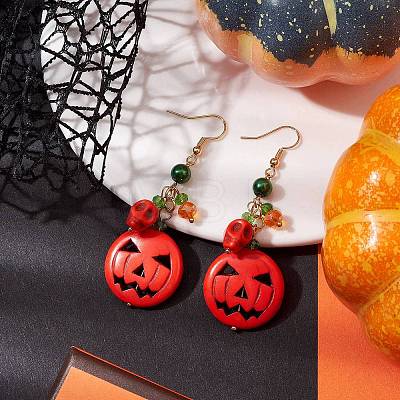 Pumpkin Synthetic Turquoise Dangle Earrings EJEW-TA00517-1