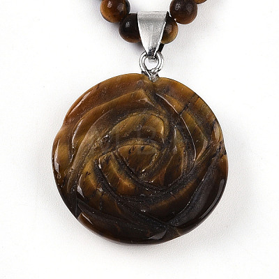 Natural Tiger Eye 4.5mm Round Beaded Flower Pendant Necklaces NJEW-T016-04I-1