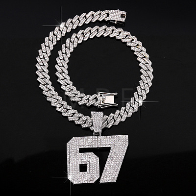 Alloy Full Crystal Rhinestone Number 67 Pendant Cuban Link Chain Necklaces for Men WG613EE-01-1