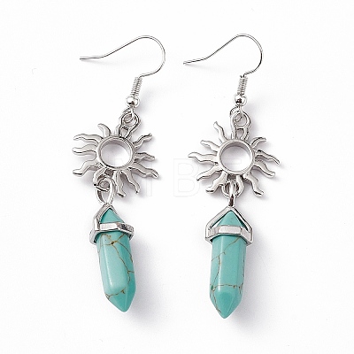 Synthetic Turquoise Bullet with Sun Dangle Earrings EJEW-I276-01P-09-1