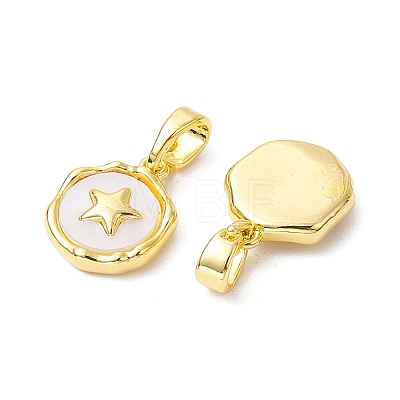Rack Plating Brass Pave Shell Flat Round Charms with Star KK-K360-06G-1