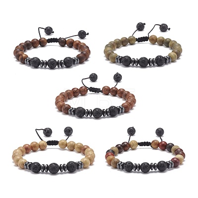 Natural Lava Rock & Wood Braided Bead Bracelet BJEW-JB08537-1