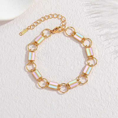 304 Stainless Steel Enamel Rectangle Link Chain Bracelets for Women SA-CBA065A-06G-1