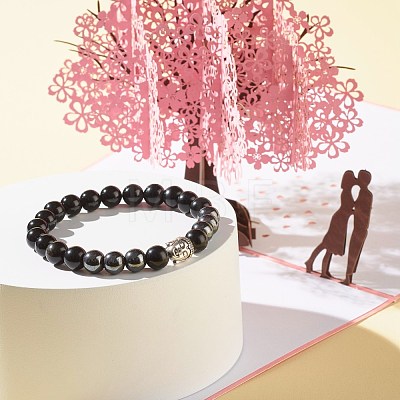 Natural Obsidian & Non-Magnetic Synthetic Hematite Round Beads Energy Stretch Bracelet for Men Women BJEW-JB06968-01-1