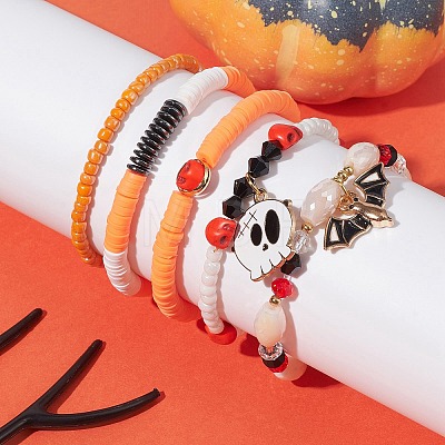 5Pcs 5 Style Dyed Synthetic Turquoise Skull & Polymer Clay Heishi & Glass Beaded Stretch Bracelets Set BJEW-JB09430-1