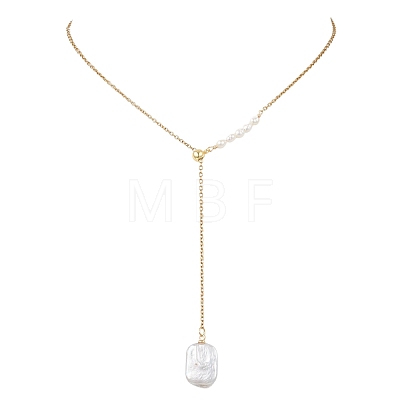 Adjustable Natural Keshi Pearl Rectangle Pendant 304 Stainless Steel Cable Chain Lariat Y Necklaces NJEW-JN05950-1
