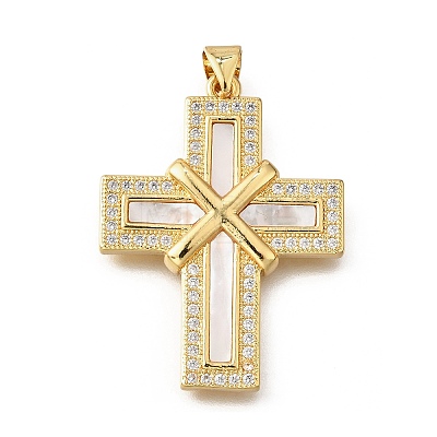 Brass Micro Pave Cubic Zirconia Shell Pendants KK-D328-26G-B-1