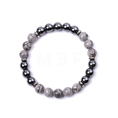 Natural Map Stone & Synthetic Non-magnetic Hematite Round Beads Stretch Bracelets for Women Men KJ2327-8-1