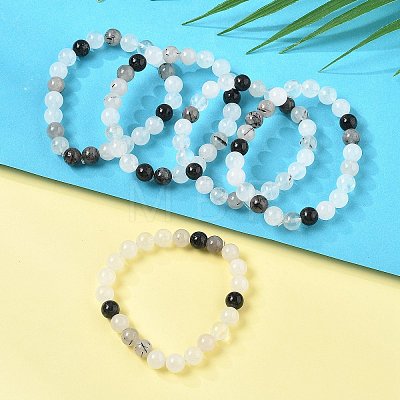 Natural Tourmalinated Quartz/Black Rutilated Quartz Stretch Beaded Bracelets G-A185-01J-1