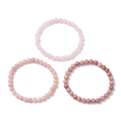 3Pcs Natural Rhodochrosite & Rose Quartz & Pink Opal Round Beads Stretch Bracelets for Women BJEW-JB12836-1